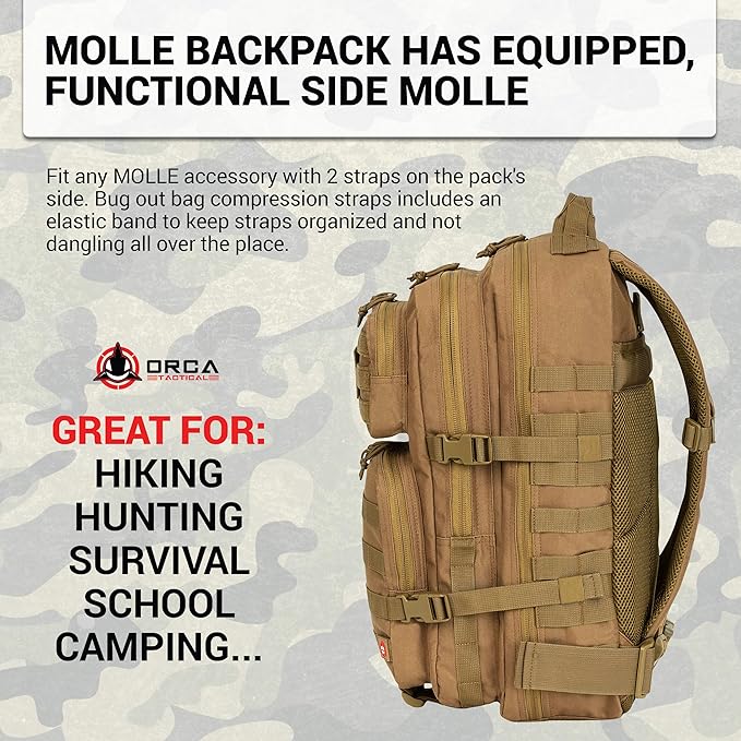 Orca Tactical Backpack 40L Large Military 1 to 3 Day Molle Assault Pack Rucksack Army Bag