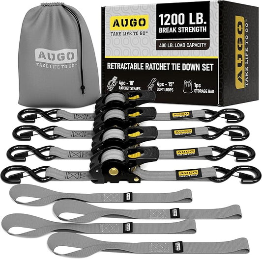 AUGO Retractable Ratchet Straps – 1" x 10' – 1200Lb Breakstrength – 4 Heavy Duty Self Retracting Tie Downs with Safety Lock S Hooks, Soft Loops & Storage Bag – for Motorcycle,Tree Stand,Bed,Boat,Cargo