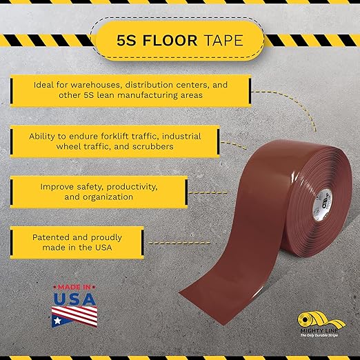 Mighty Line Solid Floor Marking Tape for Safety, Caution, Warning, Heavy-Duty, Peel and Stick Adhesive, Beveled Edge Design, Industrial Quality, 6 inch, 100' Roll, Brown