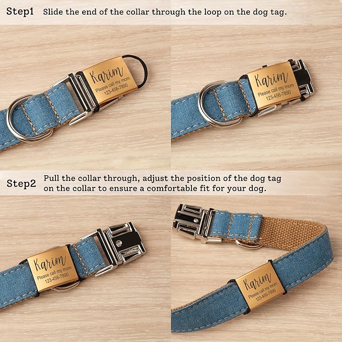 Anavia Slide On Silent Pet ID Tags, S/M/L/XL Personalized Stainless Steel Cat Dog Tag with Elastic Fabric Band, Engraved Nameplate Quiet Chew-Proof Pet Collar Tag (Gold, Large)