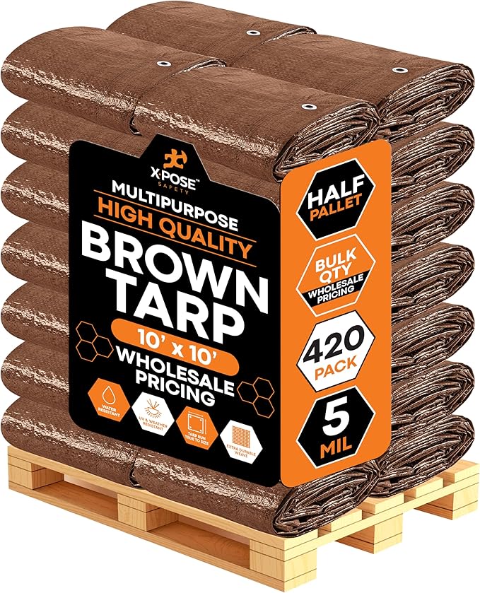 Multipurpose Protective Cover Brown Poly Tarp 10' x 10' - Bulk Half Pallet (420 Pack) Durable, Water Resistant, Weather Resistant - 5 Mil Thick Polyethylene - by Xpose Safety