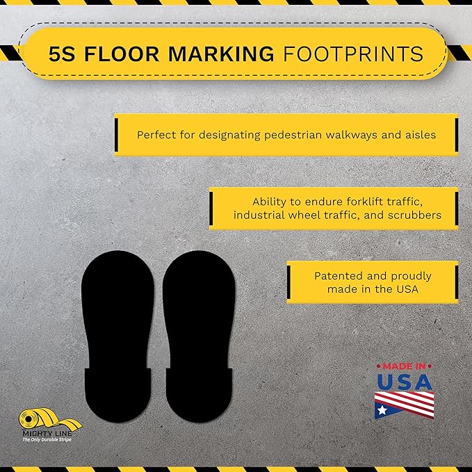 Mighty Line Big Footprints Floor Marking Tape for Safety, Caution, Warning, Heavy-Duty, Peel and Stick, Adhesive, Industrial Quality, 12" Long x 5" Wide, Black, Pack of 50