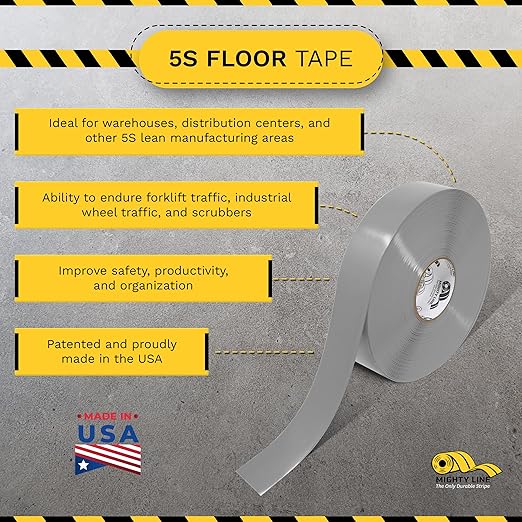 Mighty Line Solid Floor Marking Tape for Safety, Caution, Warning, Heavy-Duty, Peel and Stick Adhesive, Beveled Edge Design, Industrial Quality, 2 inch, 100' Roll, Gray