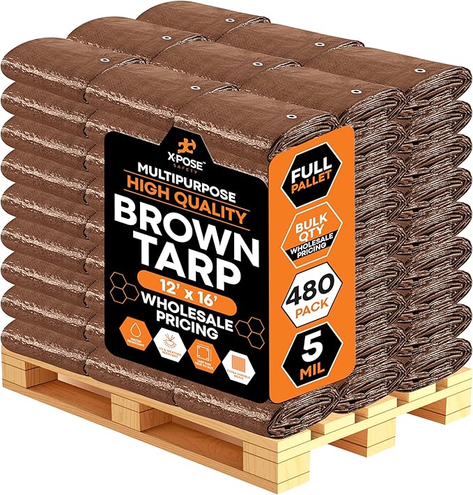 Multipurpose Protective Cover Brown Poly Tarp 12' x 716- Bulk Full Pallet (480 Pack) Durable, Water Resistant, Weather Resistant - 5 Mil Thick Polyethylene - by Xpose Safety