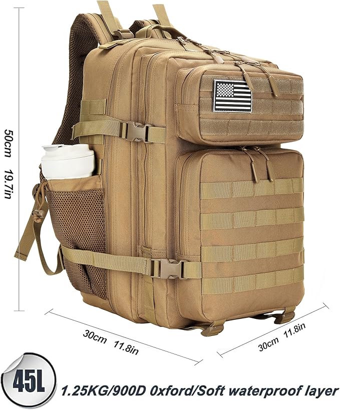45L Tactical Assault Backpack 3 day assault pack with Molle Waterproof backpack Rucksack for Tactical Backpacks (khaki)