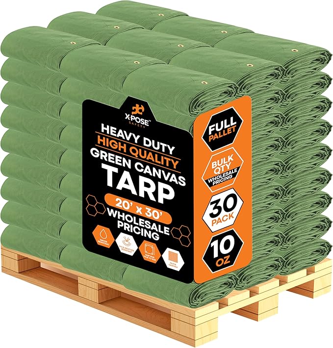 Xpose Safety 10oz Green Canvas Tarps 20' x 30' – Bulk Full Pallet (30 Packs) – Multipurpose Heavy Duty Water-Resistant Tarpaulin with Brass Grommets for Camping, Canopy & Equipment Protection