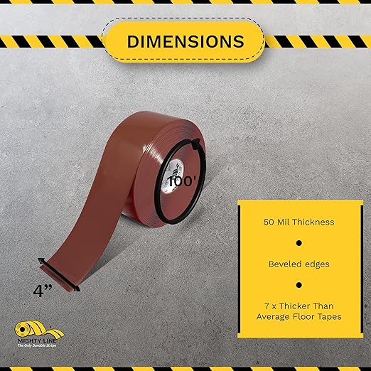 Mighty Line Solid Floor Marking Tape for Safety, Caution, Warning, Heavy-Duty, Peel and Stick Adhesive, Beveled Edge Design, Industrial Quality, 4 inch, 100' Roll, Brown
