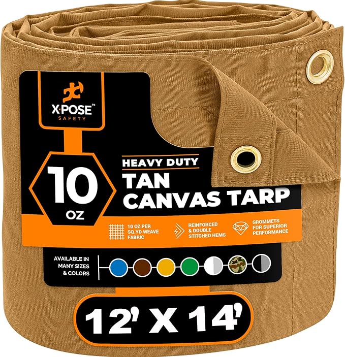 Xpose Safety Canvas Tarp - 10oz Tan Canvas Tarps Heavy Duty Water Resistant with Brass Grommets- Multipurpose Outdoor Tarpaulin for Camping, Canopy, Trailer, Equipment Cover 12' x 14'