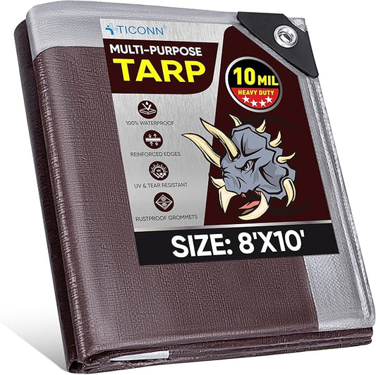 TICONN Heavy Duty Tarp Cover, Extra Thick Tarps Waterproof Tear and Rip Proof UV Resistant Tarpaulin with Reinforced Grommets and Edges (10 Mil, 8'x10')
