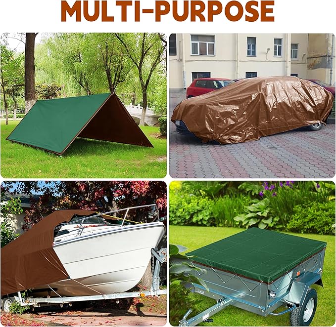 Tarp 10x20 ft 100% Waterproof 7mil Durable Grommets and Reinforced Edges,Uv Resistant,Green/Brown Tarp,Emergency Rain Shelter,Outdoor Cover and Camping Use -by MVPNET