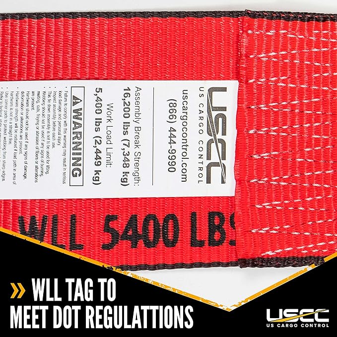 US Cargo Control 4 Inch Winch Strap with Large Flat Hook, 27 Feet Long, Heavy Duty Trailer Winch Strap for Safe Cargo Securement, Large Flat Hook End Fitting for Easy Fastening, Red, 4-Pack