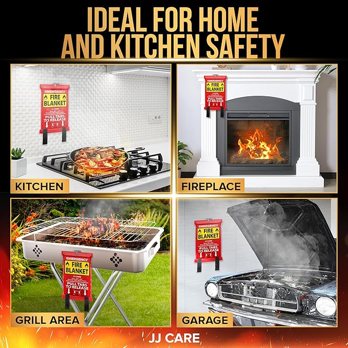 JJ CARE Fire Blanket – (Large) 4.9x4.9ft with Hooks & Gloves, Fire Blankets Emergency for Home and Kitchen, High Heat Resistant and Flame Protection for Kitchen, Car, Office, Camping & Home Safety