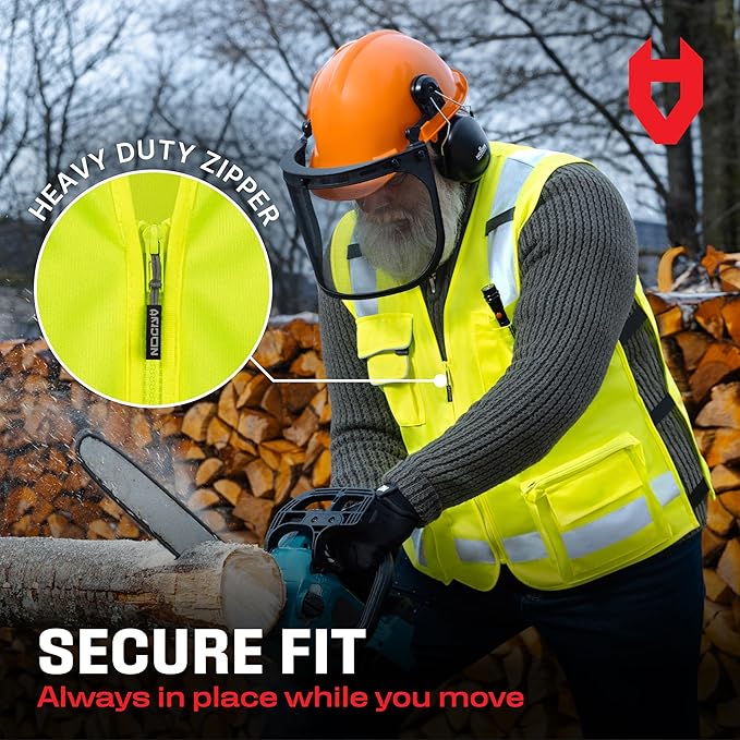 NoCry Premium Reflective Safety Vest for Men with Heavy-Duty Stitching & Phone Pocket — ANSI Class 2 High-Visibility Neon Workwear with Multiple Pockets – Ideal for Construction Workers & Surveyors
