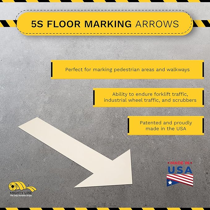 Mighty Line Solid Arrows Directional Sticker Sign Floor Marking Tape for Safety, Caution, Warning, Heavy-Duty, Peel and Stick Adhesive, Industrial Quality, White, 10"x6", 50 Pack