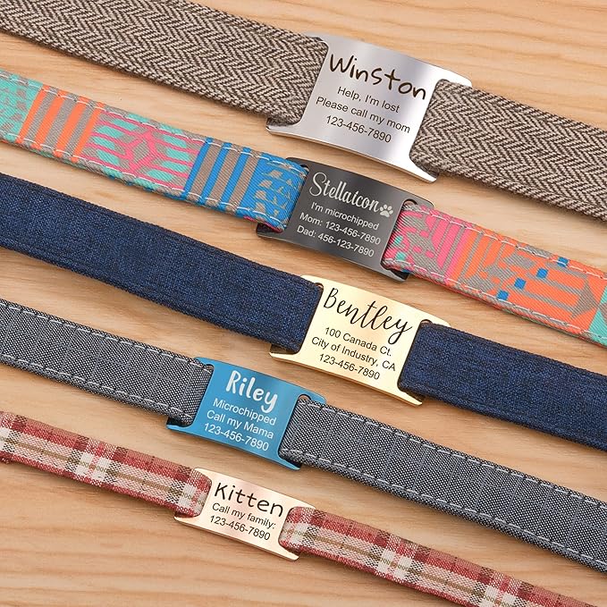 Anavia Slide On Silent Pet ID Tags, S/M/L/XL Personalized Gold Black Stainless Steel Customized Engraved Cat Dog Name Tags, Glossy Finish Chew-Proof Quiet Dog Collar Tag (Blue, Medium)