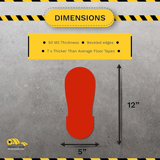 Mighty Line Big Footprints Floor Marking Tape for Safety, Caution, Warning, Heavy-Duty, Peel and Stick, Adhesive, Industrial Quality, 12" Long x 5" Wide, Red, Pack of 50