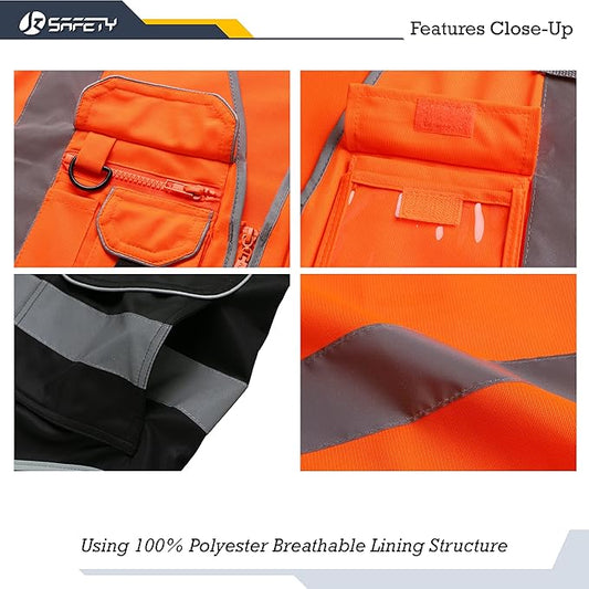 JKSafety 9 Pockets Class 2 High Visible Reflective Safety Vest Zipper Front Breathable Lining Orange-Black Meets ANSI/ISEA Standards(150-Orange-Black,XXL