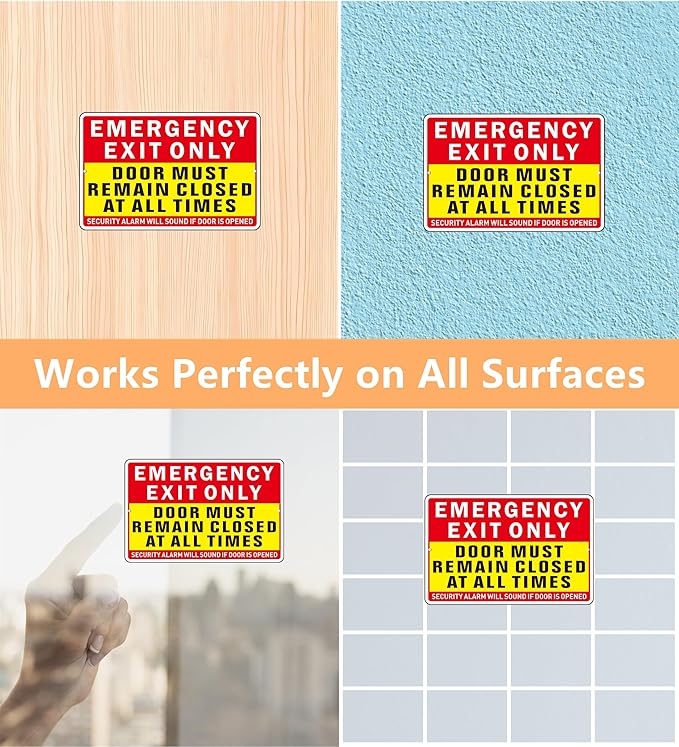 Emergency Exit Only Sign, (2 Pack) Self Adhesive Emergency Exit Sign Sticker for Door, Rust Free and Reflective Aluminum Metal Signs for Wall (9 x 6 inches, Red/Yellow)