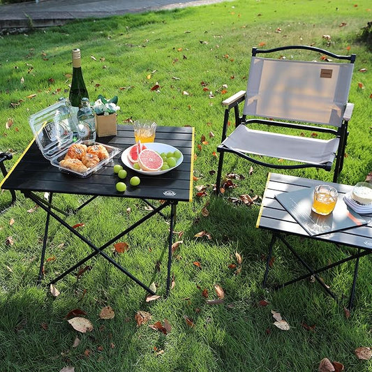 EHHLY Portable Folding Camping Table, Large Compact Aluminum Beach Picnic Table, Lightweight Collapsible Outdoor Camp Tables That Folds & Rolls Up, Beach Gear Essentials Camp Accessories, Black