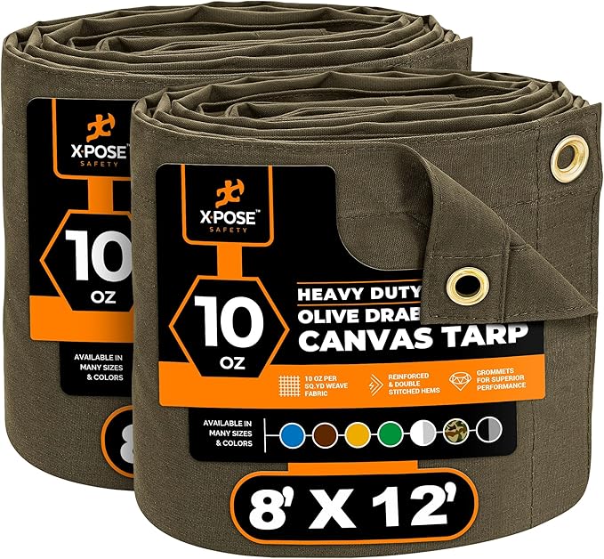 Xpose Safety Canvas Tarp - 10oz Olive Drab Canvas Tarps Heavy Duty Water Resistant with Brass Grommets- Multipurpose Outdoor Tarpaulin for Camping, Canopy, Trailer, Equipment Cover 8' x 12' (2 Pack)