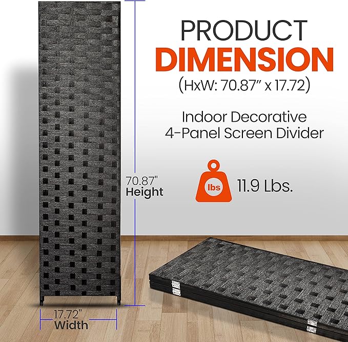 SereneLife Woven Fiber Room Divider - 4-Panel Portable Lightweight Freestanding Indoor Foldable Decorative Partition, Screen Separator, Better Folding Privacy, Dressing Area, Porch, Office