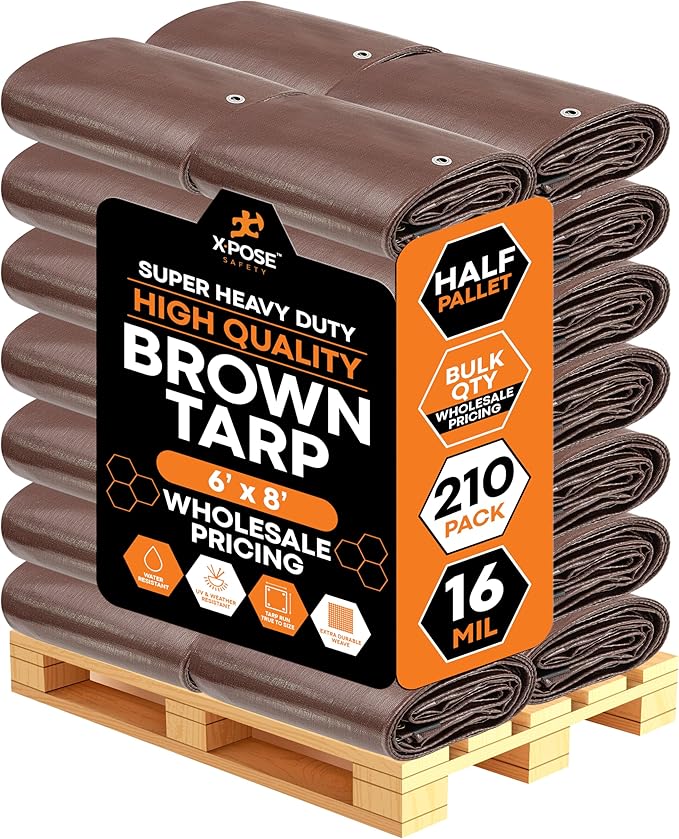 Super Heavy Duty Brown Poly Tarp 6' x 8' - Bulk Half Pallet (210 Pack) Thick Waterproof, UV Blocking Protective Cover - 16 Mil Thick Polyethylene - by Xpose Safety
