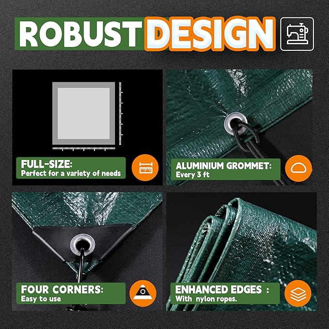 RAINDEWAY Tarps 6x8 Feet,Small Tarp Waterproof,5.5 Mil Thick, Multipurpose Waterproof Poly Tarp Cover with Metal Grommets and Reinforced Edges,Green Tarps