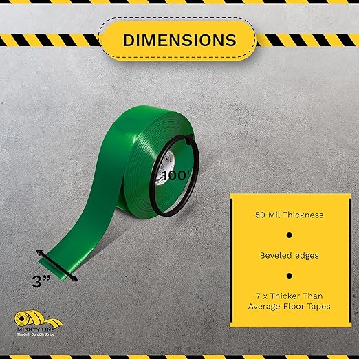 Mighty Line Solid Floor Marking Tape for Safety, Caution, Warning, Heavy-Duty, Peel and Stick Adhesive, Beveled Edge Design, Industrial Quality, 3 inch, 100' Roll, Green