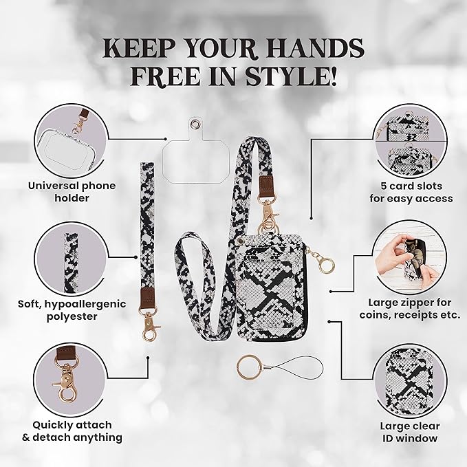 2-in-1 ID Badge Holder & Lanyard Wallet - Multi-Use Womens Small Wallet with Removable Wristlet & Neck Lanyard, Clear Window, 5 Card Slots, Phone Holder, Ring Keychain - White Snake