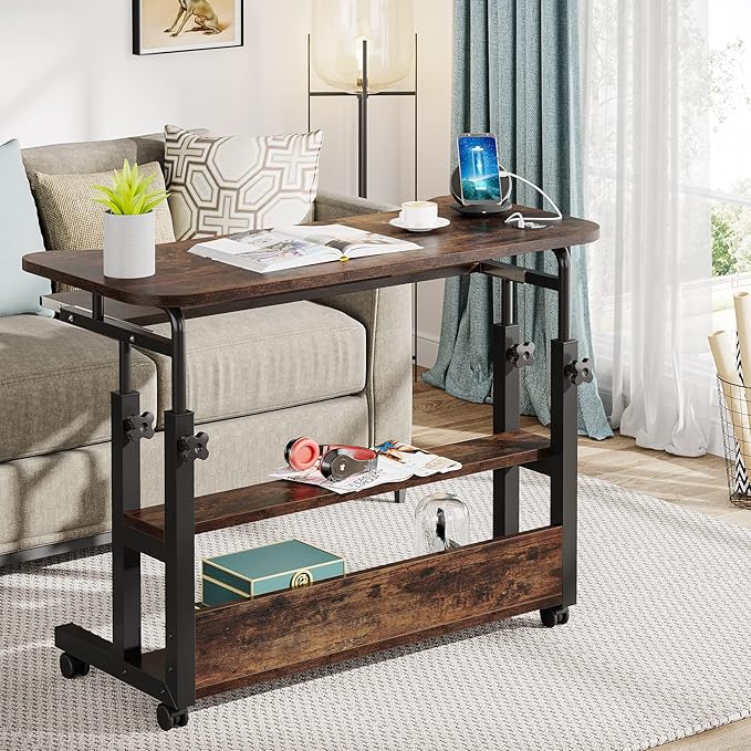 Tribesigns Portable Desk with Power Outlets, Height Adjustable Side Table Sofa Couch Bedside Laptop Computer Cart with USB Charging Ports, Mobile Small Standing Desk with Keyboard Tray