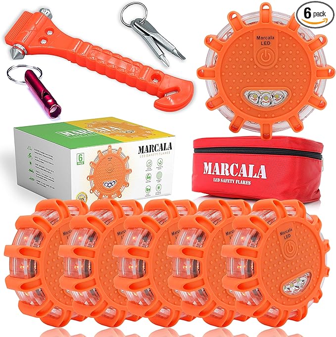Marcala LED Road Flares Emergency Lights 6‑Pack | Roadside Safety Disc & LED Safety Flare | Roadside Hazard Emergency Kit w/Boat Flare Kit | Batteries, Case & Whistle Included | Feel Safe on Road