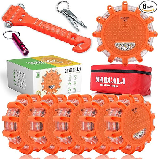 Marcala LED Road Flares Emergency Lights 6‑Pack | Roadside Safety Disc & LED Safety Flare | Roadside Hazard Emergency Kit w/Boat Flare Kit | Batteries, Case & Whistle Included | Feel Safe on Road