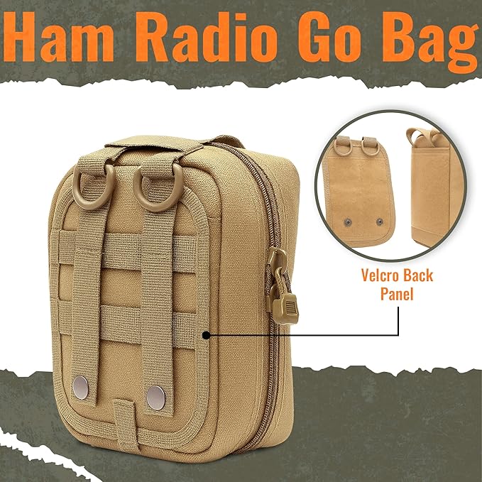Ham Radio Go Bag in Coyote Colour with Tear-Away Hook and Loop Back - Molle Compatible, Multi-Pocket Design for Radios, Cables, and Gear