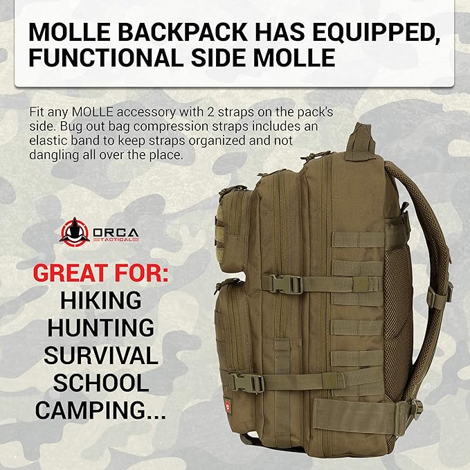 Orca Tactical Backpack 40L Large Military 1 to 3 Day Molle Assault Pack Rucksack Army Bag