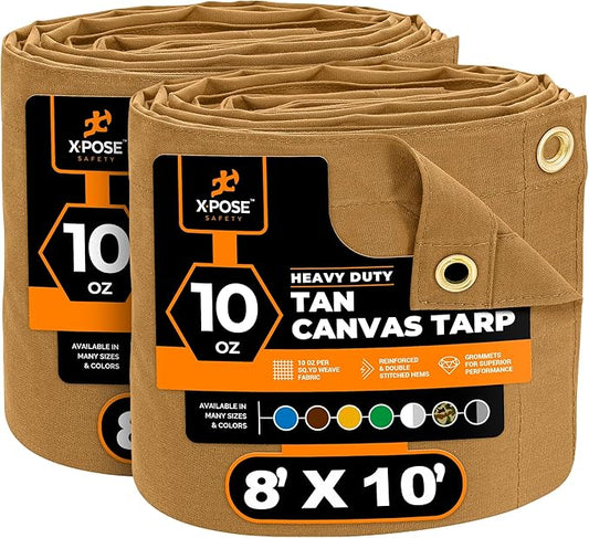 Xpose Safety Canvas Tarp - 10oz Tan Canvas Tarps Heavy Duty Water Resistant with Brass Grommets- Multipurpose Outdoor Tarpaulin for Camping, Canopy, Trailer, Equipment Cover 8' x 10' (2 Pack)
