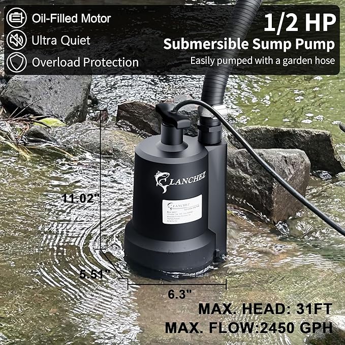 Lanchez Sump Pump, 1/2 HP 2450GPH Submersible Water Pump, Thermoplastic Portable Electric Transfer Pump Utility Pump for Hot Tub Swimming Pool Basement Garden Pond Tubs Draining with 10FT Cord