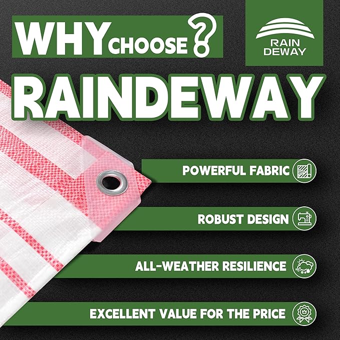 RAINDEWAY Tarps 12x14 Feet,12 Mil Sunshade Striped Tarp Waterproof,Multipurpose Poly Tarp Cover with Grommets and Reinforced Edges,Red/White Tarps