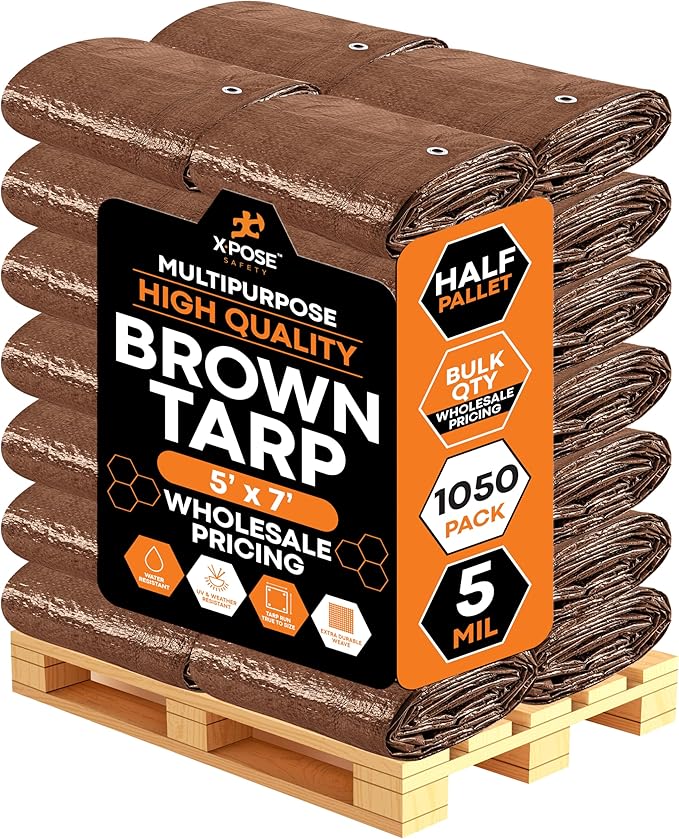 Multipurpose Protective Cover Brown Poly Tarp 5' x 7' - Bulk Half Pallet (1050 Pack) Durable, Water Resistant, Weather Resistant - 5 Mil Thick Polyethylene - by Xpose Safety