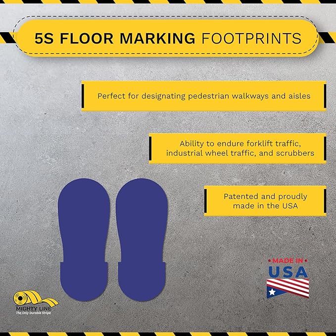 Mighty Line Big Footprints Floor Marking Tape for Safety, Caution, Warning, Heavy-Duty, Peel and Stick, Adhesive, Industrial Quality, 12" Long x 5" Wide, Blue, Pack of 50