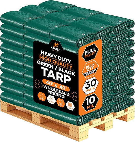 Heavy Duty Poly Tarp 40' x 40' - Bulk Full Pallet (30 Pack) Thick Waterproof, UV Blocking Protective Cover - Reversible Green & Black - 10 Mil Thick Polyethylene - by Xpose Safety