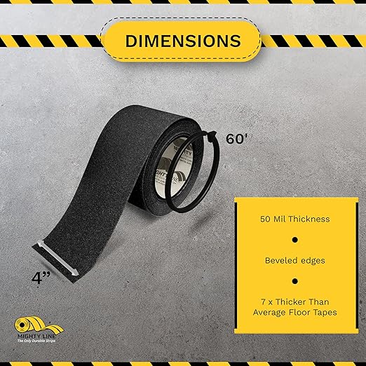 Mighty Line Anti-Slip Caution Floor Marking Tape for Safety, Warning, Heavy-Duty, Peel and Stick, Adhesive, Industrial Quality, 4" Black, 60' Roll