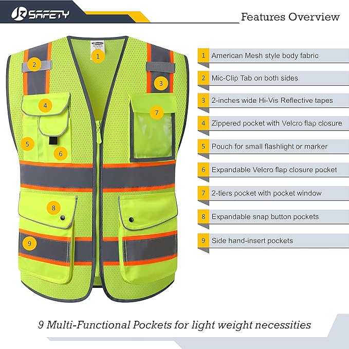 JKSafety 9 Pockets Hi-Vis Neon Yellow Zipper Front MESH Safety Vest with Fluorescent Orange Extend Edge outlining the Reflective Tapes Meet ANSI/ISEA Class 2 Standard (100 Yellow, 3XL)