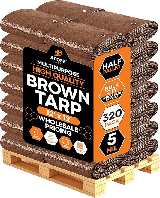 Multipurpose Protective Cover Brown Poly Tarp 12' x 12' - Bulk Half Pallet (320 Pack) Durable, Water Resistant, Weather Resistant - 5 Mil Thick Polyethylene - by Xpose Safety
