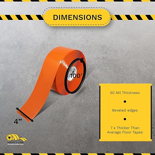 Mighty Line Solid Floor Marking Tape for Safety, Caution, Warning, Heavy-Duty, Peel and Stick Adhesive, Beveled Edge Design, Industrial Quality, 4 inch, 100' Roll, Orange