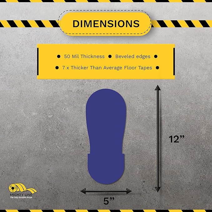 Mighty Line Big Footprints Floor Marking Tape for Safety, Caution, Warning, Heavy-Duty, Peel and Stick, Adhesive, Industrial Quality, 12" Long x 5" Wide, Blue, Pack of 50
