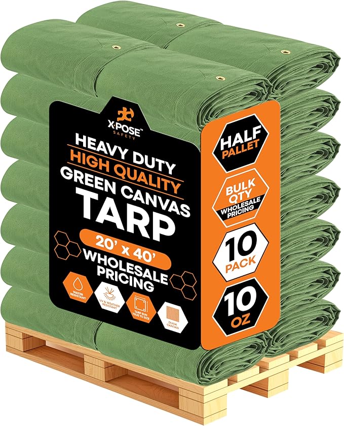 Xpose Safety 10oz Green Canvas Tarps 20' x 40' – Bulk Half Pallet (10 Packs) – Multipurpose Heavy Duty Water-Resistant Tarpaulin with Brass Grommets for Camping, Canopy & Equipment Protection