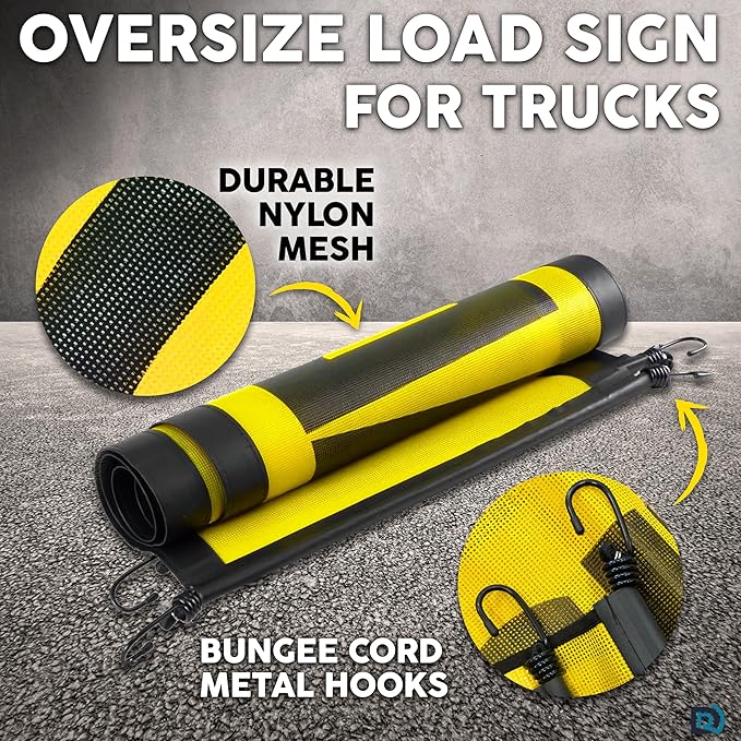 Oversize Load Signs for Trucks 18" x 84", 2 Pack Mesh Nylon Sign with Bungee Cord Metal Hooks for Trailers, and Transport Equipment
