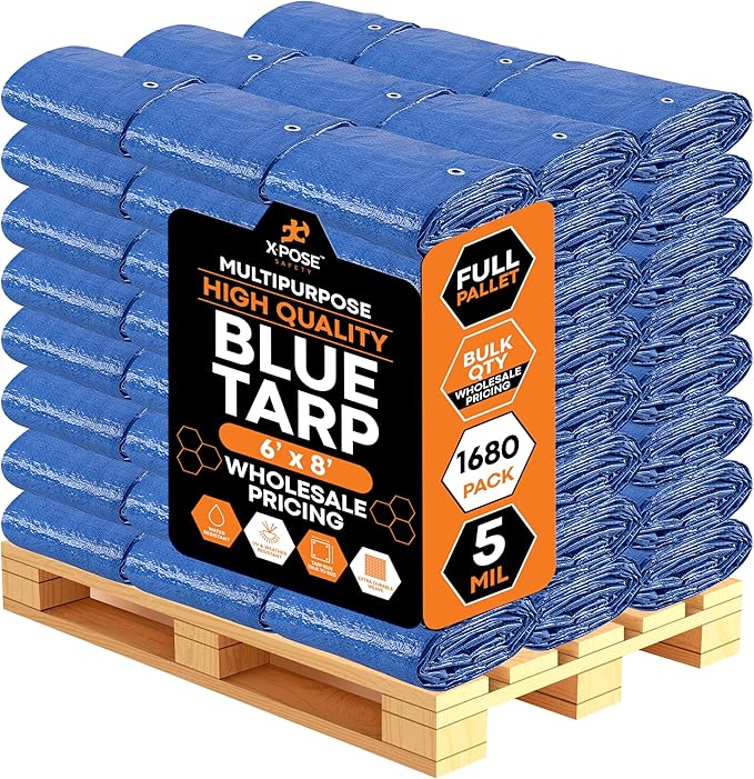 Better Blue Poly Tarp 6' x 8' - Bulk Full Pallet (1680 Pack) Multipurpose Protective Cover - Lightweight, Durable, Waterproof, Weather Proof - 5 Mil Thick Polyethylene - by Xpose Safety
