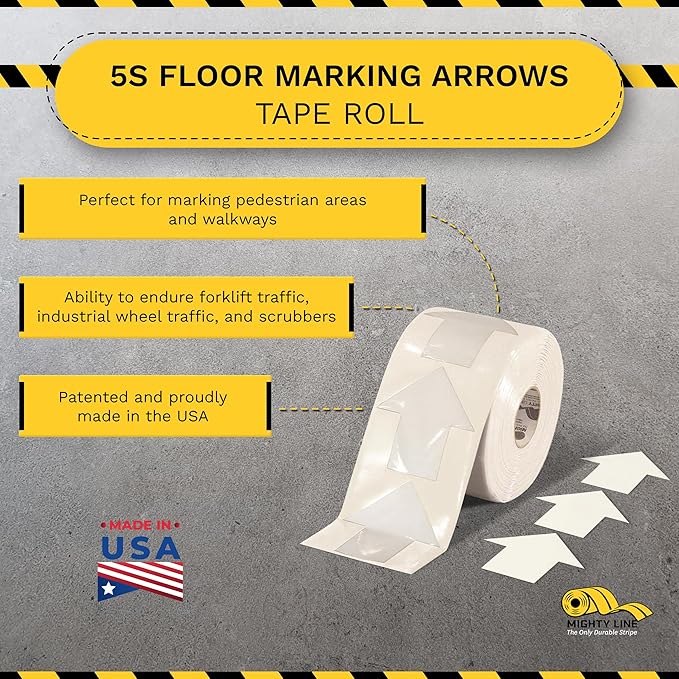 Mighty Line 5.5" Wide Solid Arrows Roll, Directional Sticker Sign Floor Marking Tape for Safety, Caution, Warning, Heavy-Duty, Peel and Stick, Adhesive, Industrial Quality, White, Pack of 200