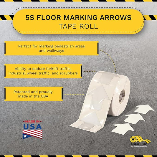 Mighty Line 5.5" Wide Solid Arrows Roll, Directional Sticker Sign Floor Marking Tape for Safety, Caution, Warning, Heavy-Duty, Peel and Stick, Adhesive, Industrial Quality, White, Pack of 200